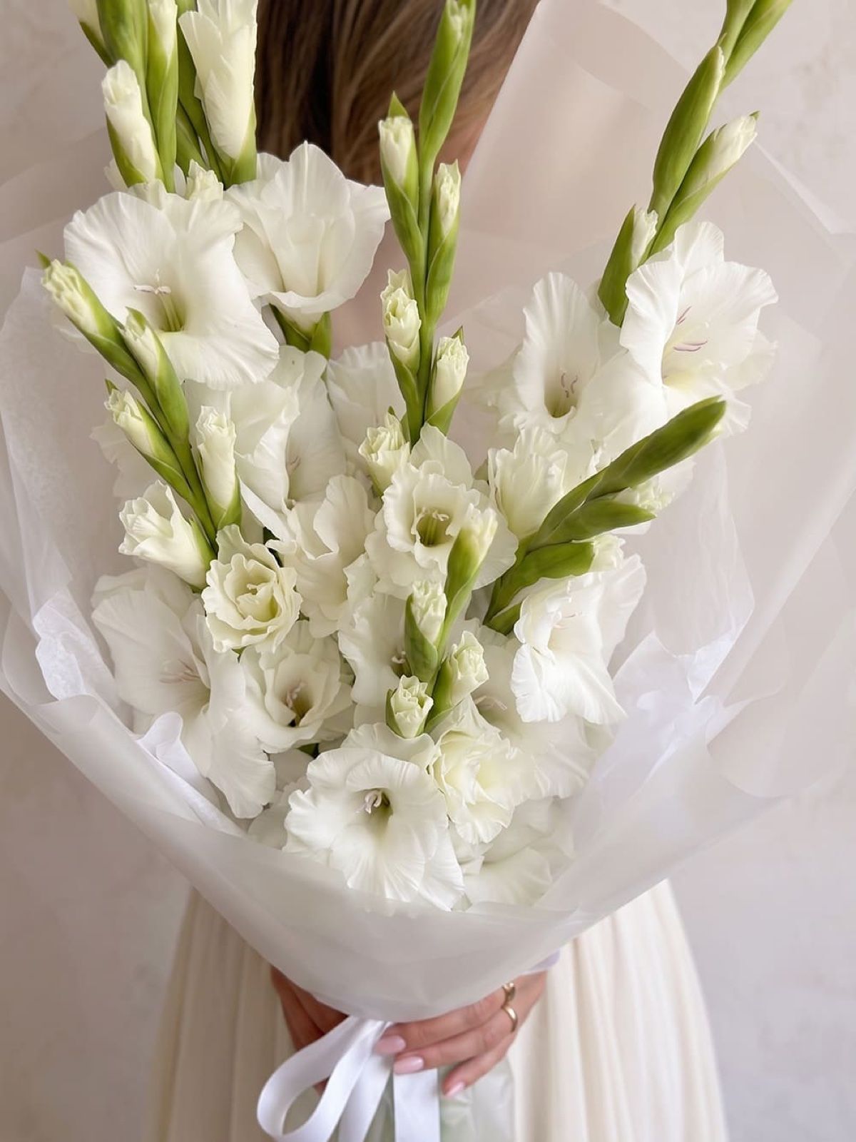 Buchet delicat din 7 gladiole albe, ambalat 2