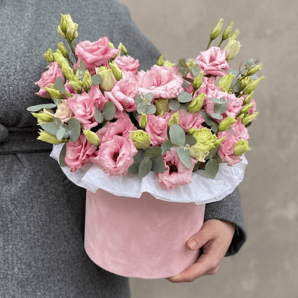 Hat box with eustoma and eucalyptus