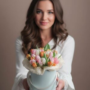 25 тюльпанов микс в шляпной коробке