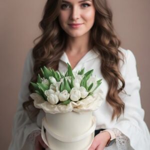 25 белых тюльпанов в шляпной коробке